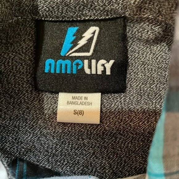 Amplify button down plaid short sleeve shirt blue turquoise white gray Small 8 - Picture 3 of 8